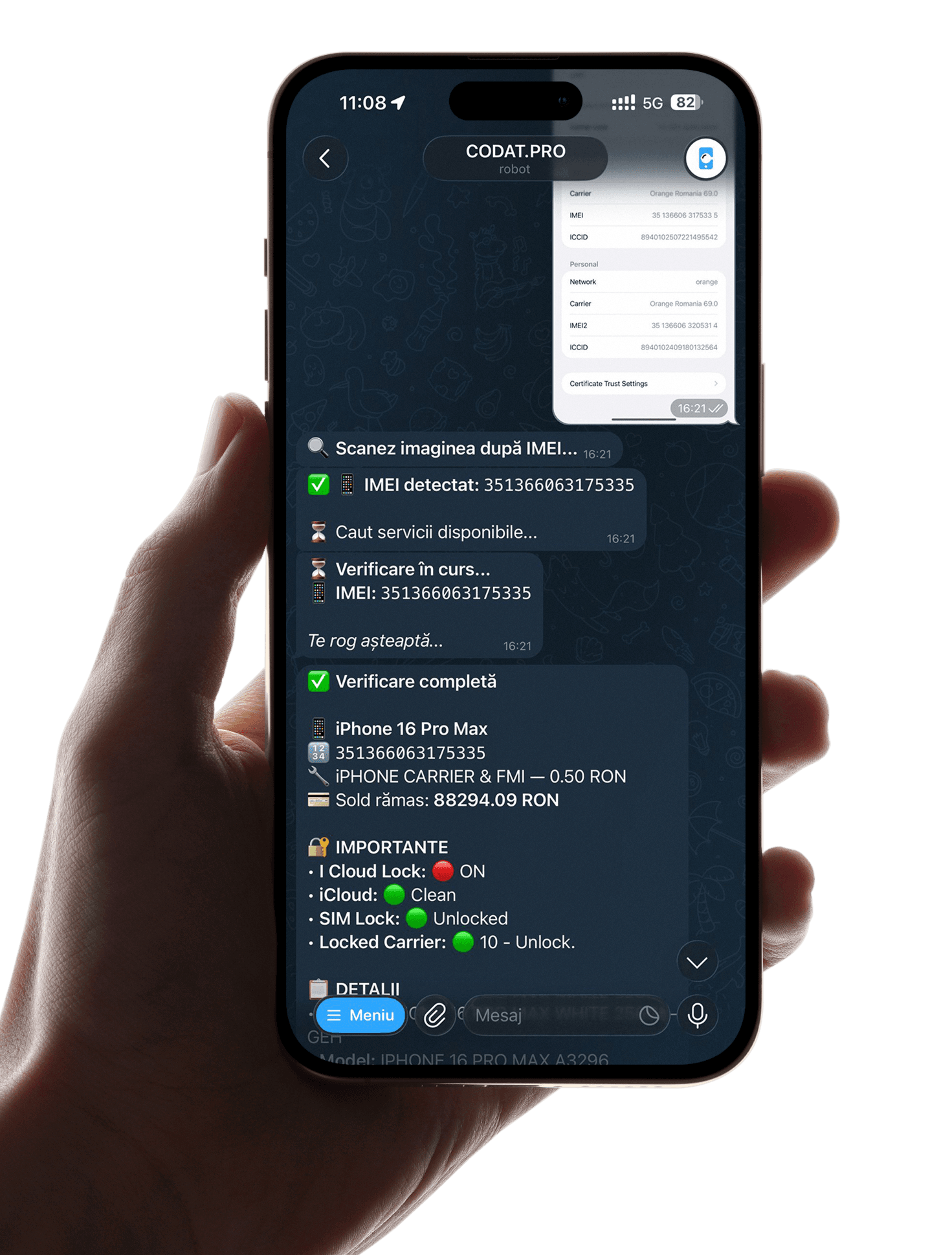Telegram & WhatsApp bot IMEI verification preview